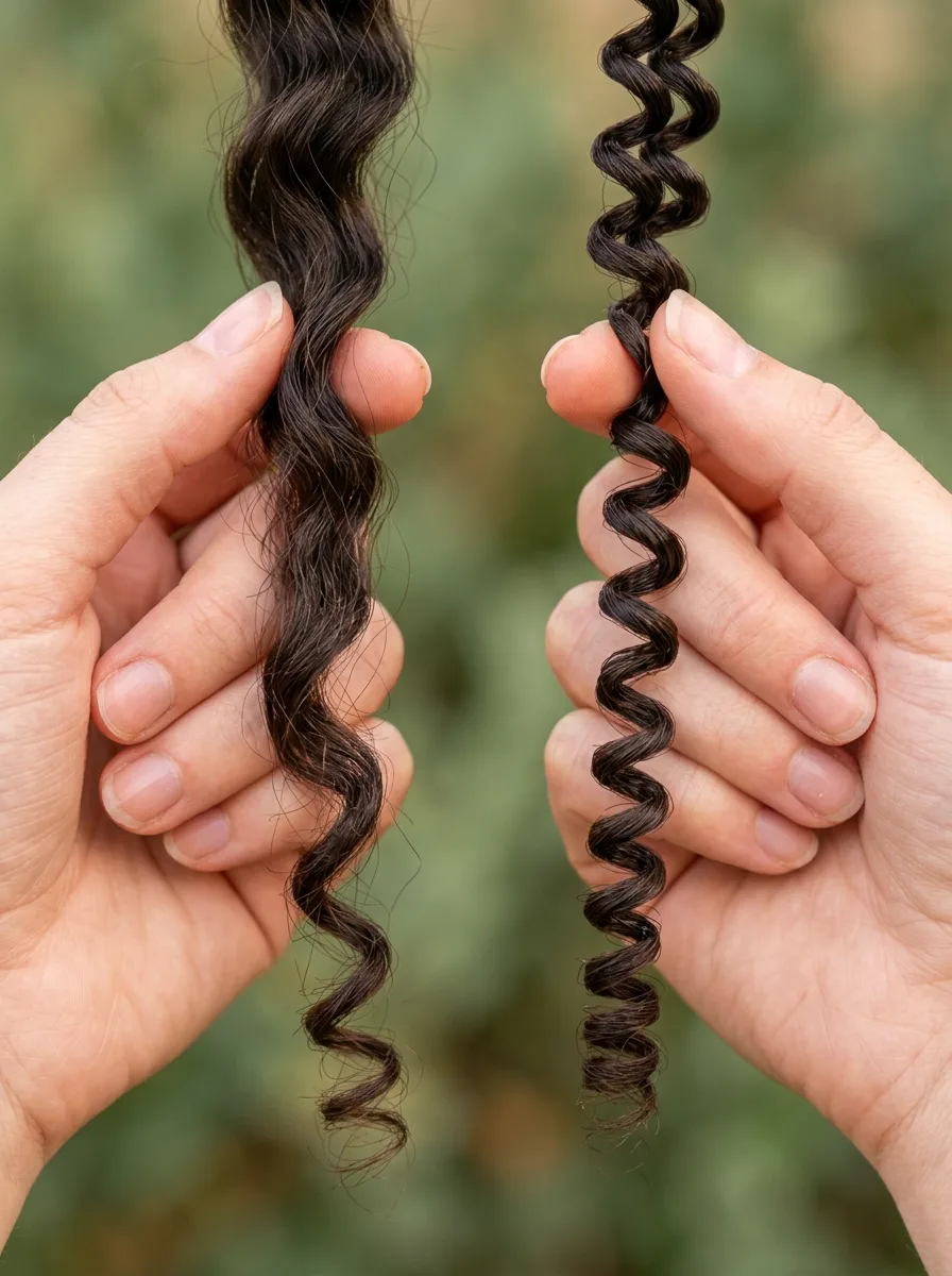Two hands holding a dark brown human hair curl with a soft, uneven sheen and loose wave beside a tighter, uniform synthetic spiral curl, against a blurred green background.