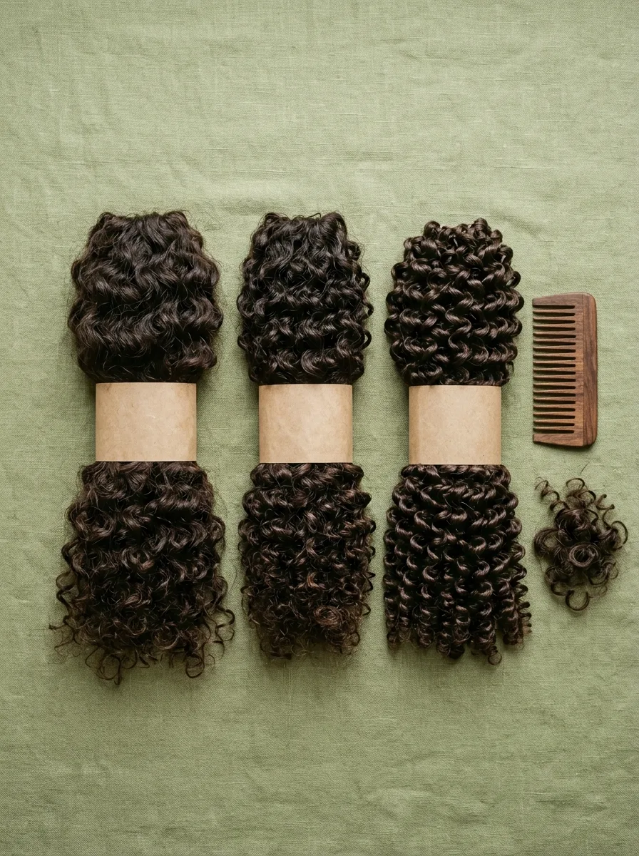 Three unlabeled dark brown curly hair bundles with plain kraft paper bands on sage linen, from a loose soft curl to tight uniform spirals, beside a wooden comb and a small coil of loose curls.