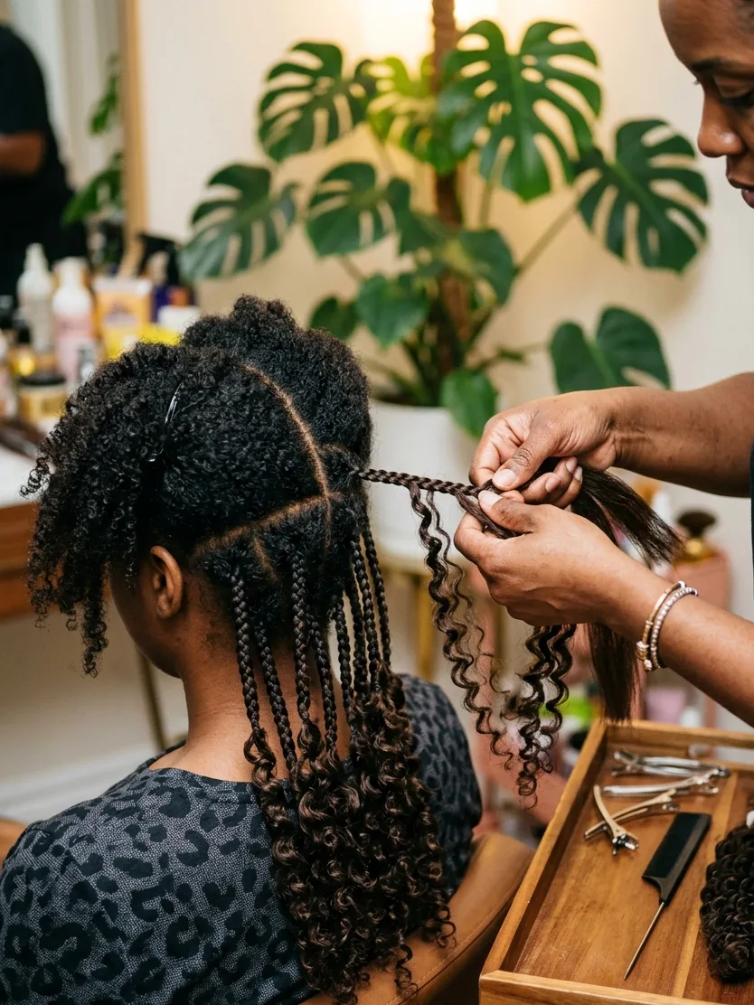 Stylist braiding a knotless braid into a client's coily natural hair, with finished braids and dark brown curls hanging below and a tray of clips, a rat-tail comb and curly hair beside them.