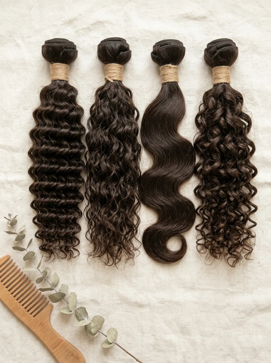 Four unlabeled dark brown hair bundles tied with twine on cream linen in deep wave, water wave, body wave and loose curly textures, beside a wooden comb and a eucalyptus sprig.