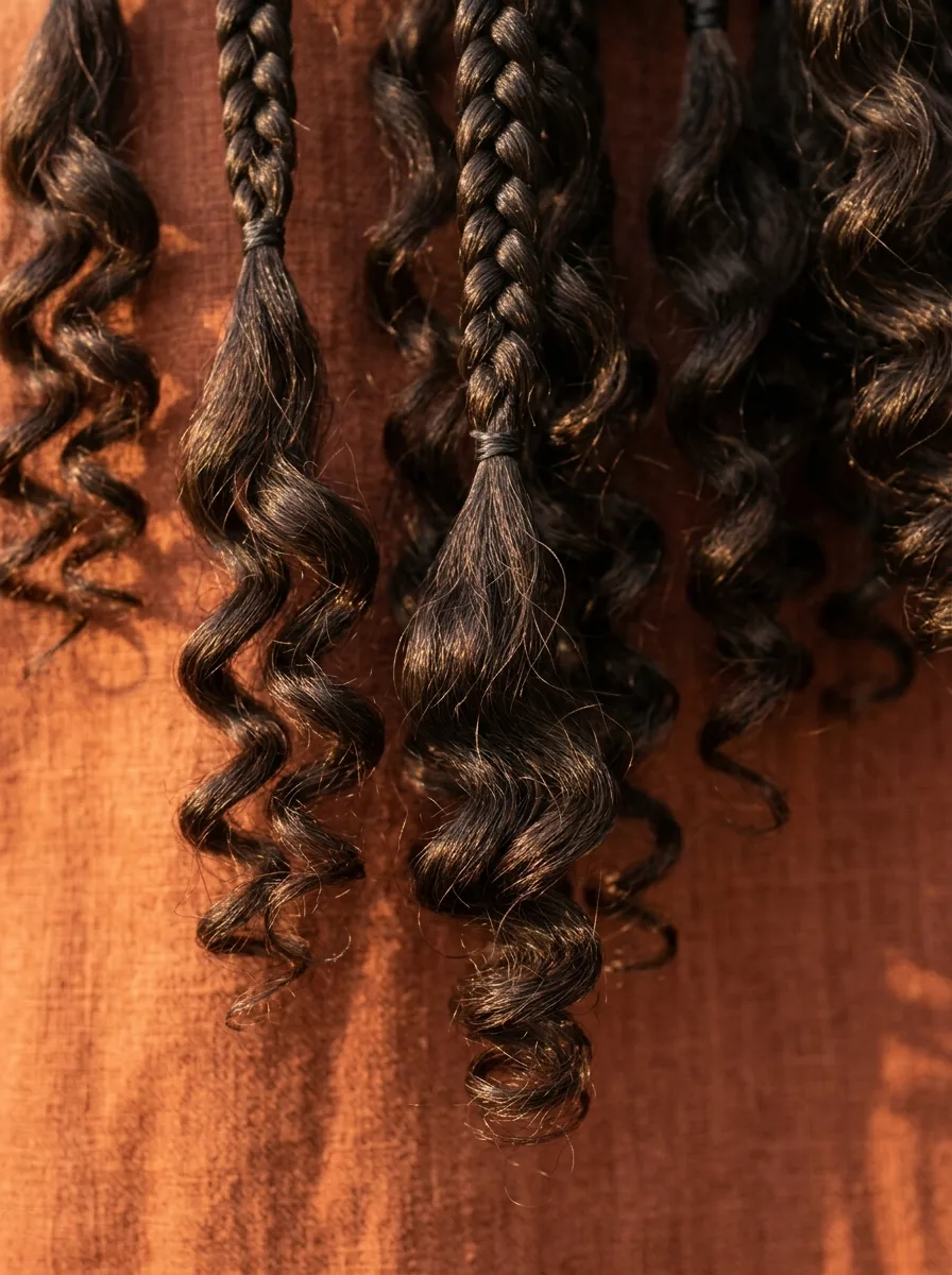 Close-up of dark brown braid ends finishing in defined deep-wave curls, with more curls hanging between the braids, against a rust linen backdrop in warm side light.