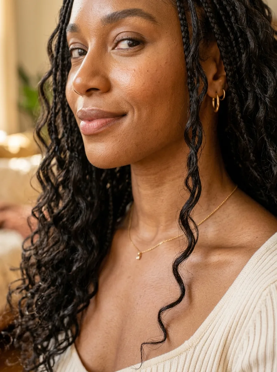 Close-up of a smiling woman with black knotless braids and loose, crimped water-wave curls falling past her collarbone, wearing a cream ribbed top and small gold hoops.