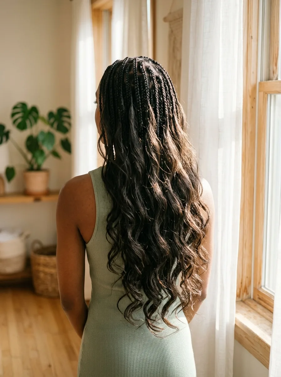 Back view of a woman by a sheer-curtained window with long knotless braids and large, loose body-wave hair flowing over them, wearing a sage ribbed tank dress.