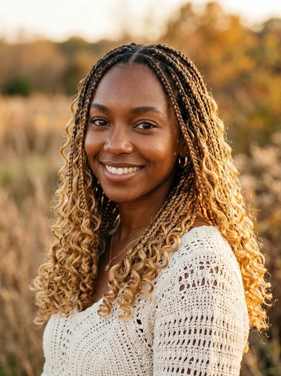 Smiling woman with dark-root to honey-blonde knotless braids and honey-blonde curls threaded throughout, wearing a cream crochet top in a golden dry-grass field.