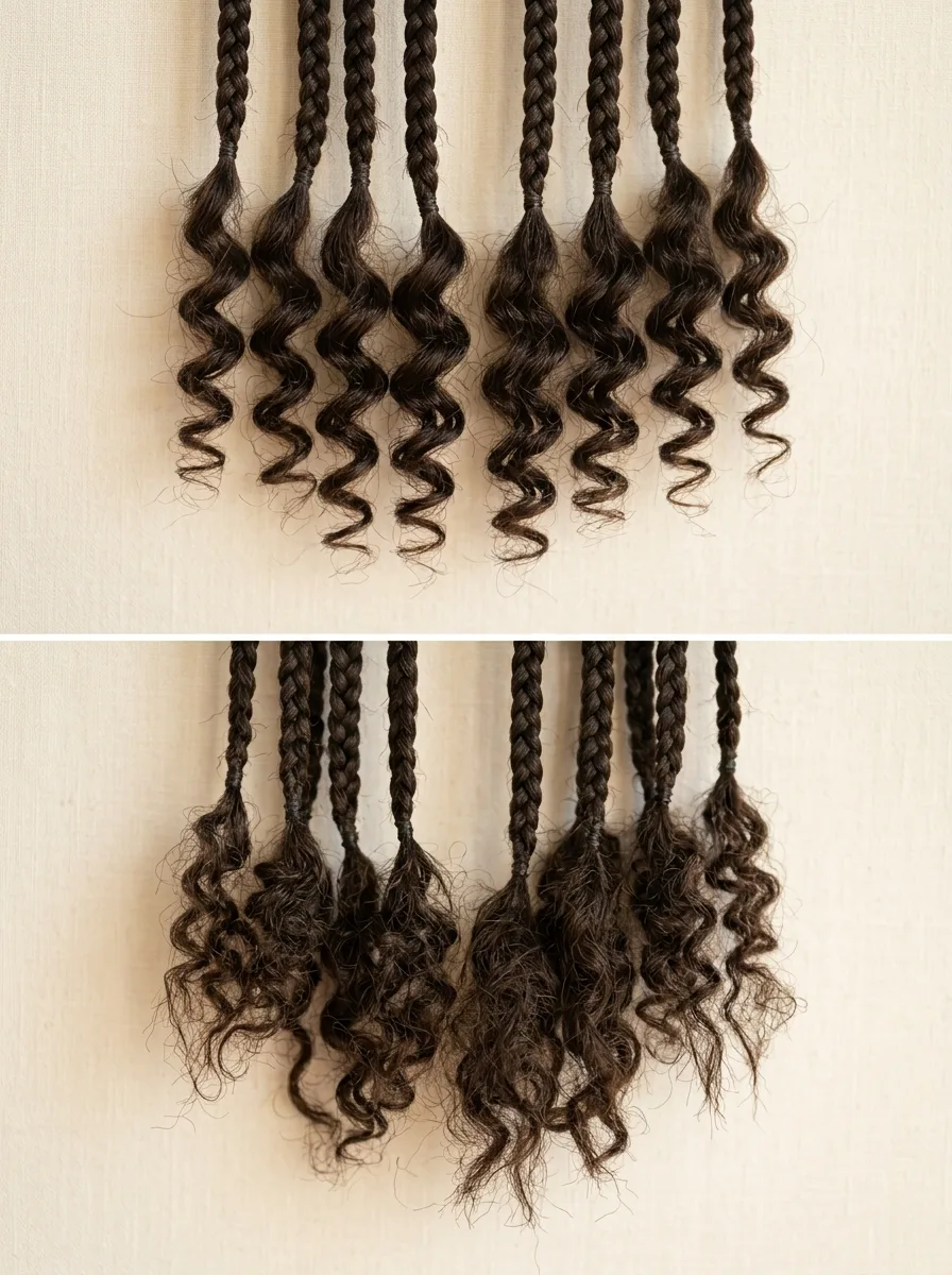 Two-panel comparison of dark brown braid ends against a cream backdrop: defined, separated curls on top and frizzy, tangled curls clumping together below.