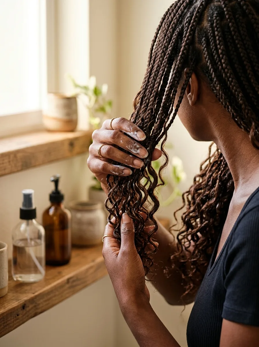 Woman working white leave-in conditioner through the curly ends of her knotless braids with her fingers, an unlabeled spray bottle and amber bottle on a wooden shelf.