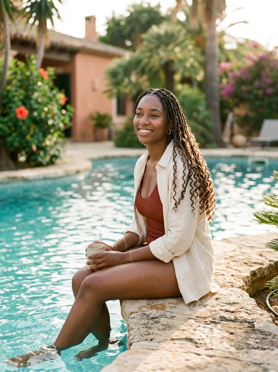 Smiling woman sitting on the stone edge of a pool with her feet in the water, long knotless braids with curls over one shoulder, in a rust swimsuit and open cream linen shirt, holding a cup.