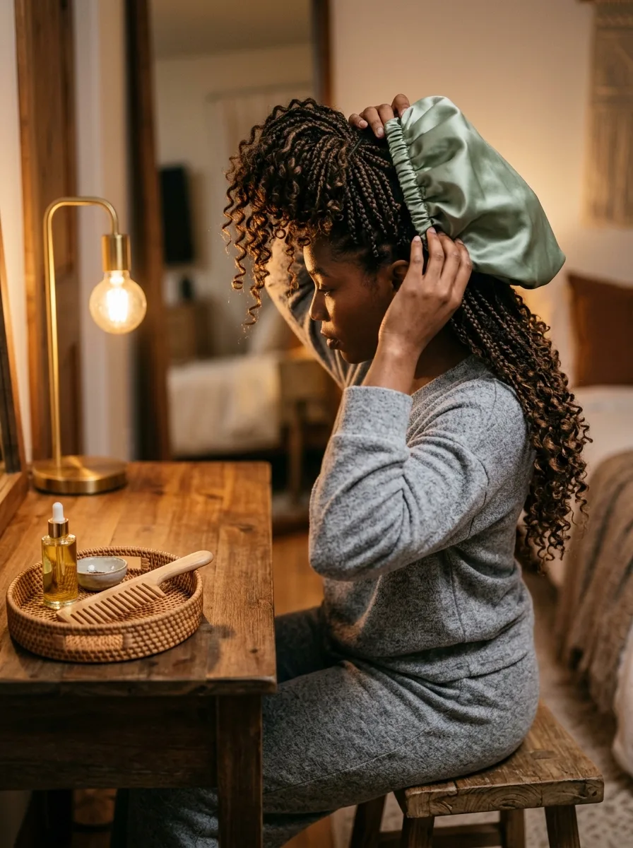 Woman at a wooden vanity pulling a sage satin bonnet over her knotless braids with curls, a rattan tray with a wooden comb and an oil dropper bottle beside a brass lamp.