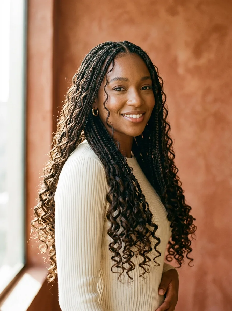 Smiling woman with long boho knotless braids and glossy curls woven through the length, curly strands framing her face, in a cream ribbed top against a terracotta plaster wall.