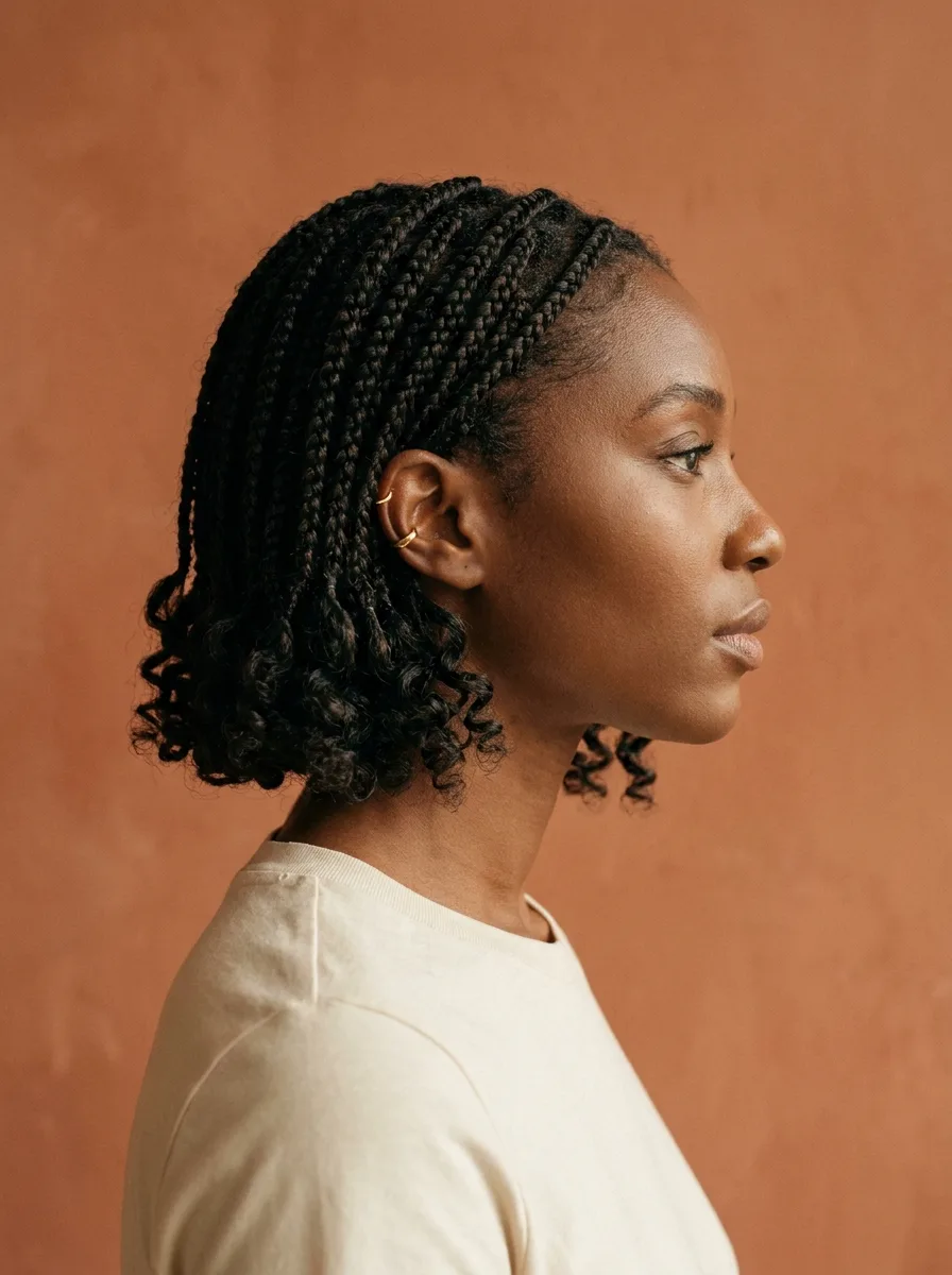 Side profile of a chin-length boho braided bob with curly ends at the jawline and small gold ear cuffs, against a terracotta wall.