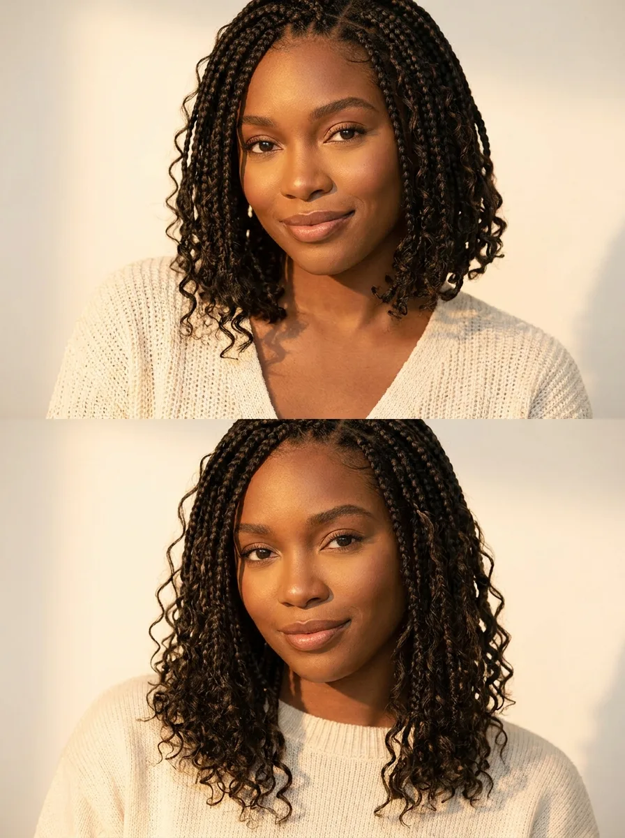 Two-panel comparison of the same woman with a jaw-length boho bob braid on top and a longer collarbone-length lob below, both with curly ends.