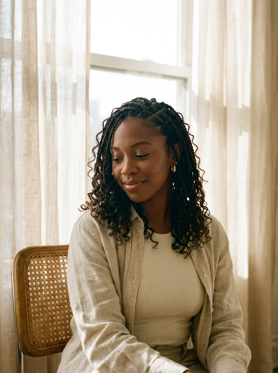 Woman with a collarbone-length boho knotless lob with curly ends, seated on a cane chair by a sunlit window in an oatmeal linen shirt.