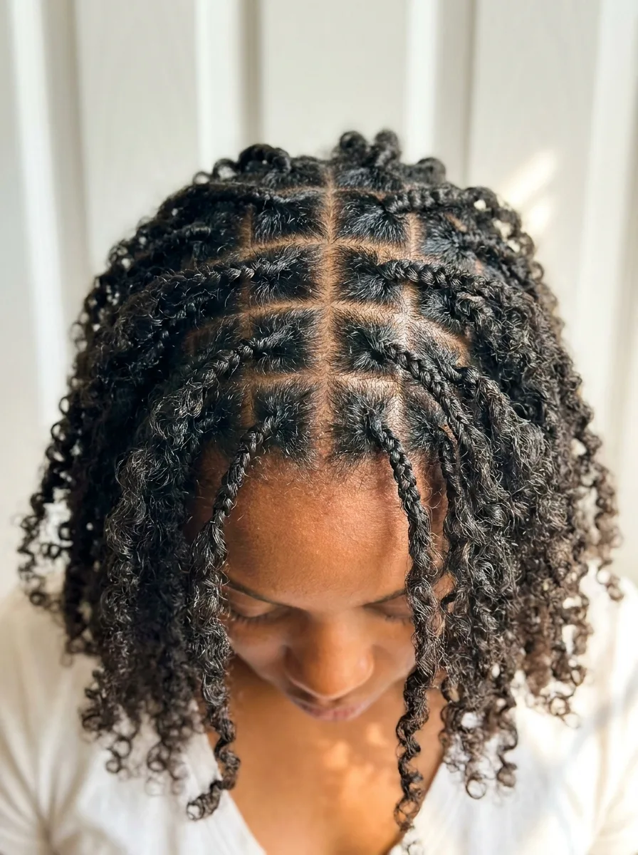 Overhead view of a bowed head showing neat square parts at the roots of a knotless braided bob, with curly braids falling forward.
