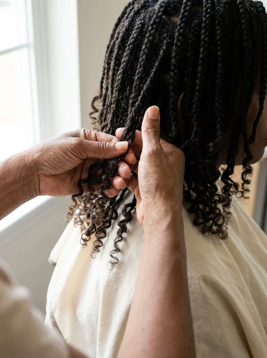 Stylist's hands separating and finger-coiling the curly ends of a freshly finished braided bob over a cream cape.