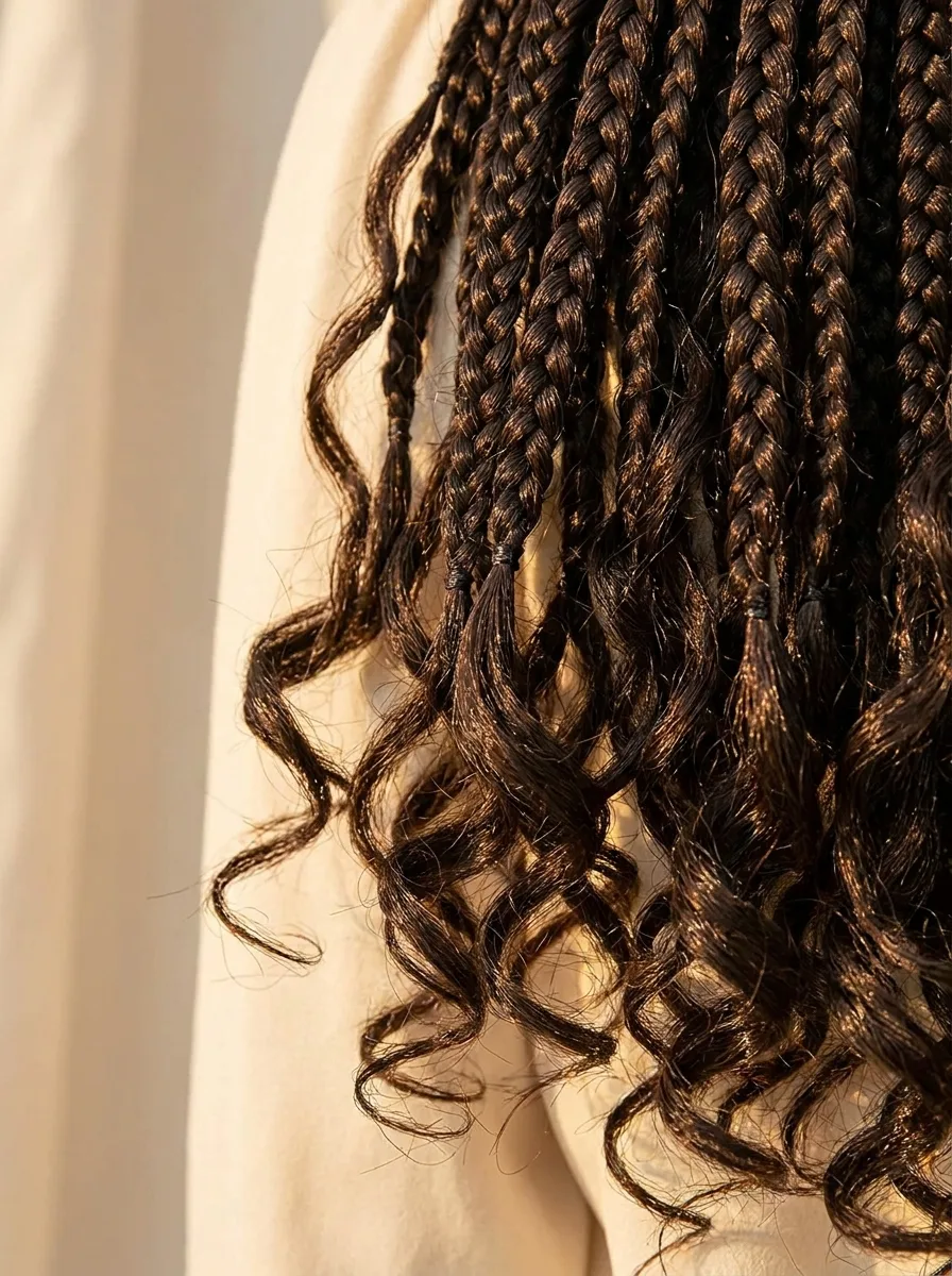 Close-up of dark brown braided bob ends where each braid finishes in loose, glossy curls against a cream backdrop.