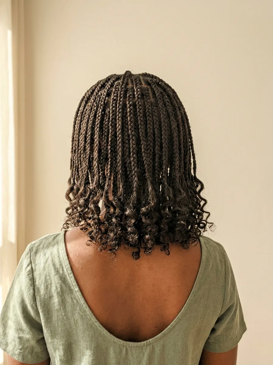 Back view of a boho knotless bob showing neat back parts and an even curly hemline above the shoulders, worn with a sage linen top.