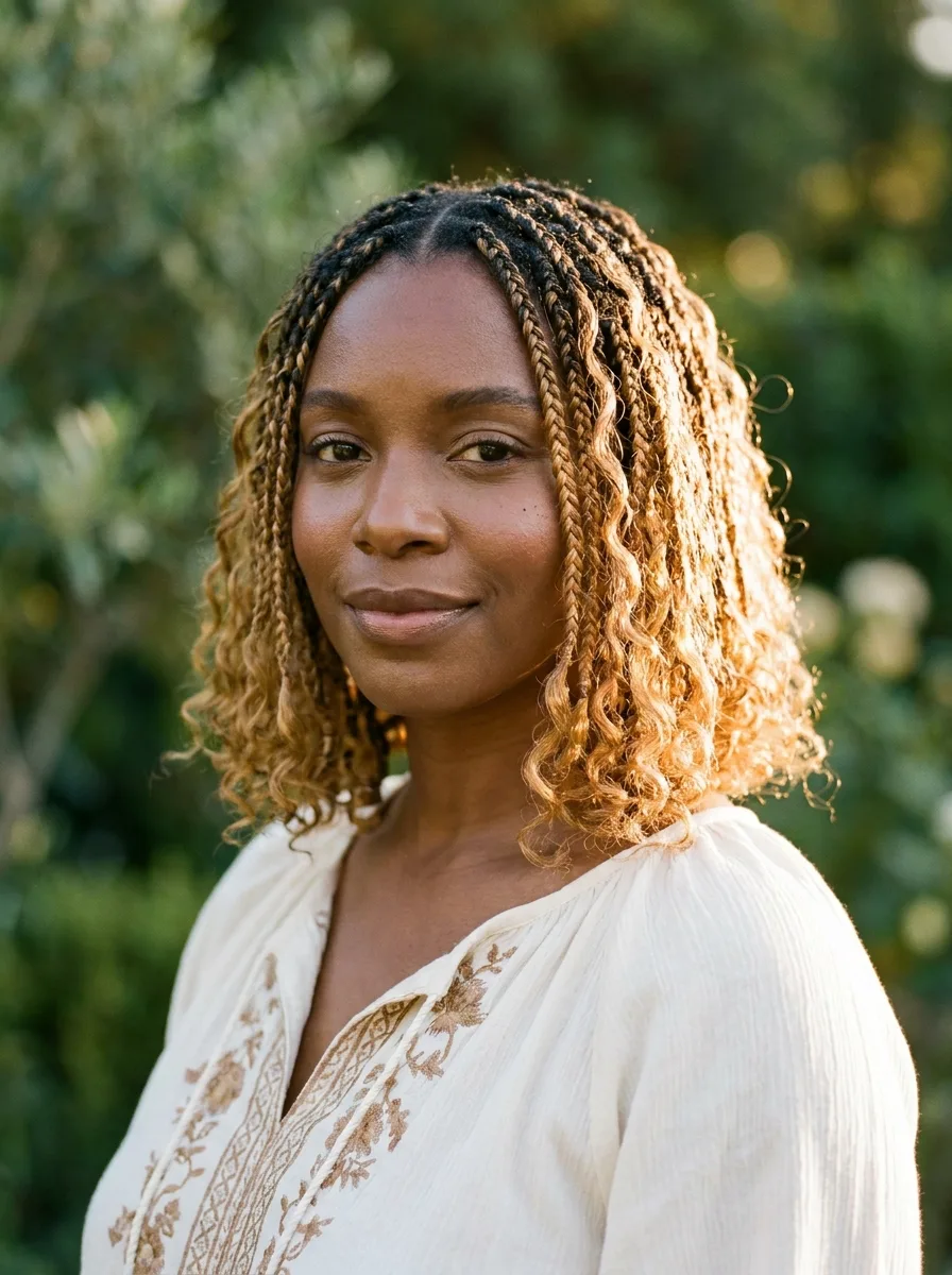 Woman with a honey-blonde boho knotless bob with dark roots in golden-hour light, wearing an embroidered cream peasant blouse against a green garden backdrop.