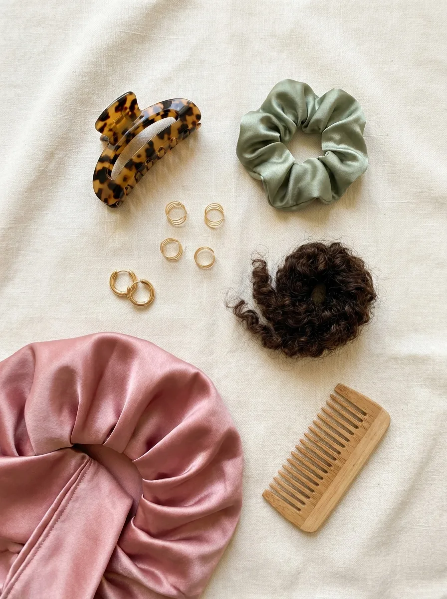 Flat-lay of a tortoiseshell claw clip, sage satin scrunchie, gold hair cuffs, huggie earrings, a coil of curly hair, a rose satin bonnet and a wooden comb on cream linen.