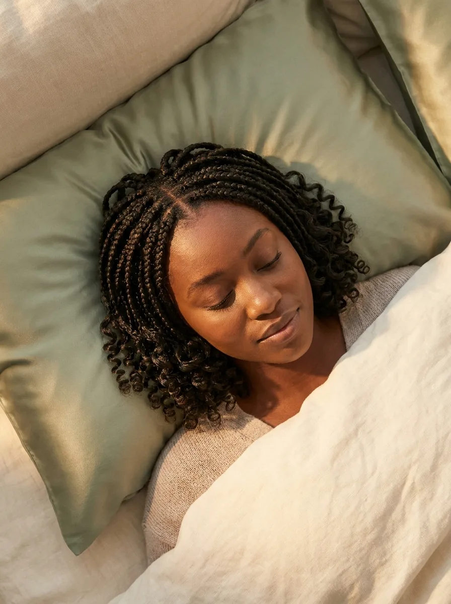 Woman with a boho braided bob asleep on a sage satin pillowcase, curly ends spread around her head under a cream linen duvet.