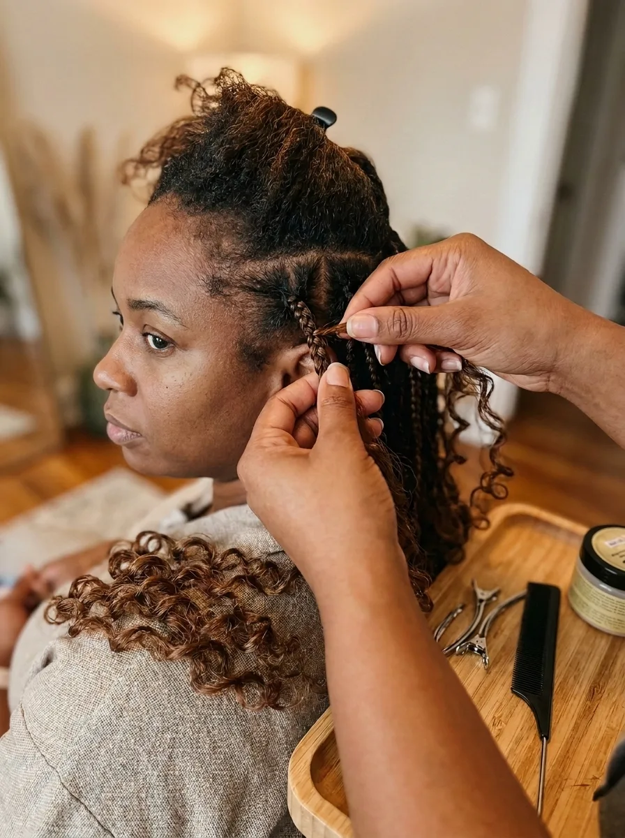 Stylist's hands braiding a knotless braid at the side of a client's head, with honey-brown curly hair at her shoulder and clips, a rat-tail comb and a jar on a wooden tray.