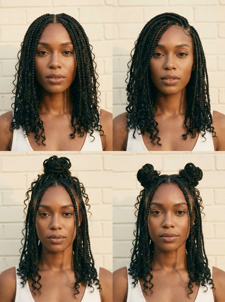 Four-panel grid of the same shoulder-length boho knotless braids with curly ends, worn down with a middle part, swept to a side part, in a half-up top knot and in two space buns.