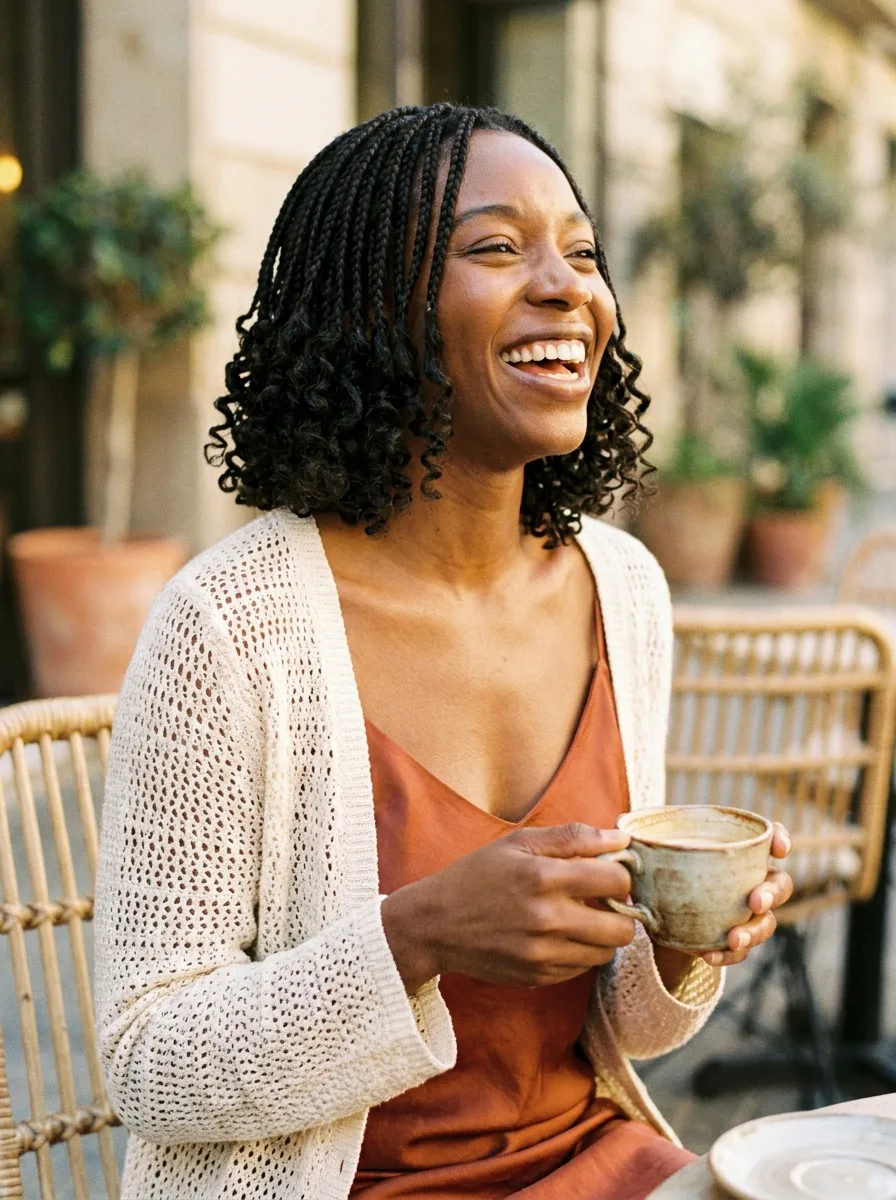 Woman with a jaw-length boho bob braid and curly ends laughing at a sunny café table in a cream crochet cardigan, holding a coffee cup.