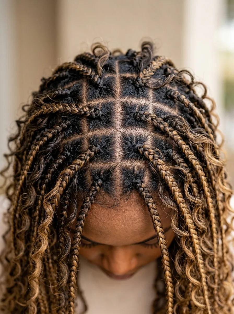 Overhead view of a head tilted forward showing an even grid of square parts with small knots at each box braid root and curly honey-blonde strands.
