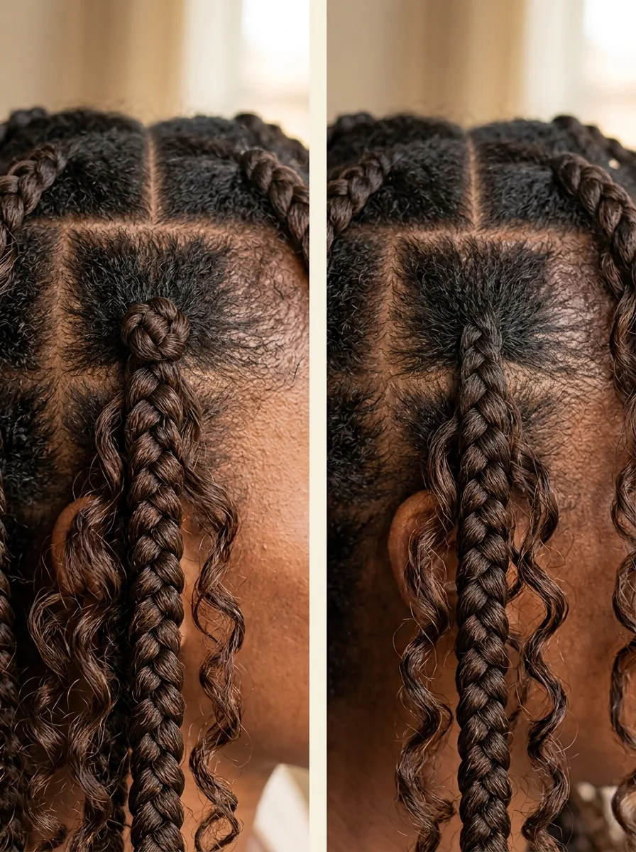 Side-by-side close-up of a box braid root with a small knot at the base and a knotless braid root that starts flat, both with curly strands.