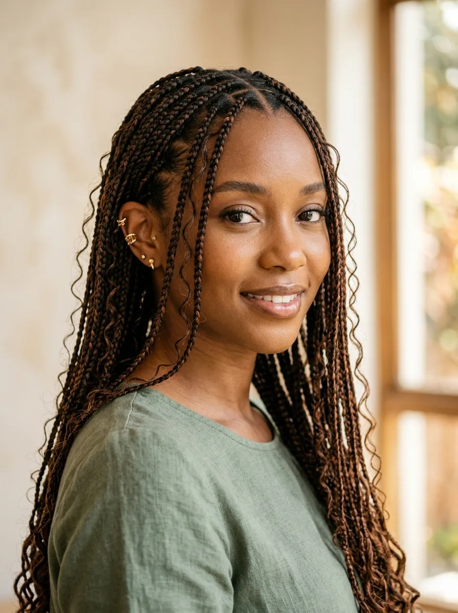Woman with small boho box braids in dark brown with copper highlights and wavy strands, a stack of gold ear cuffs showing, in a sage linen top.