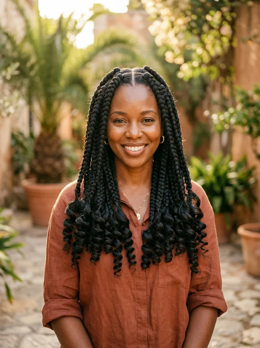 Smiling woman with large boho box braids in soft black, a center part and big loose curls on the bottom third, in a sunlit courtyard.
