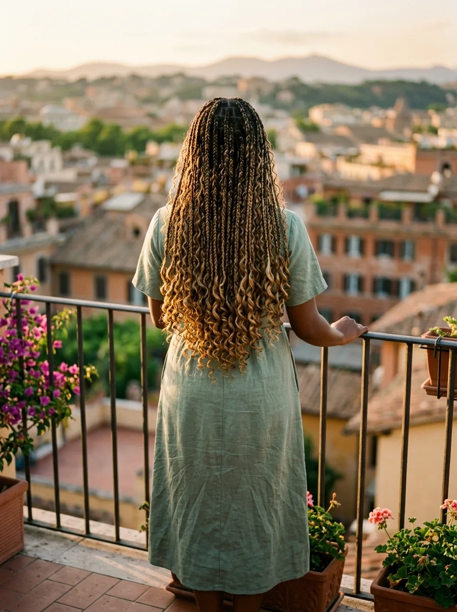Back view of waist-length boho box braids with curly strands and honey-blonde curly ends, worn with a sage linen dress on a sunlit balcony.