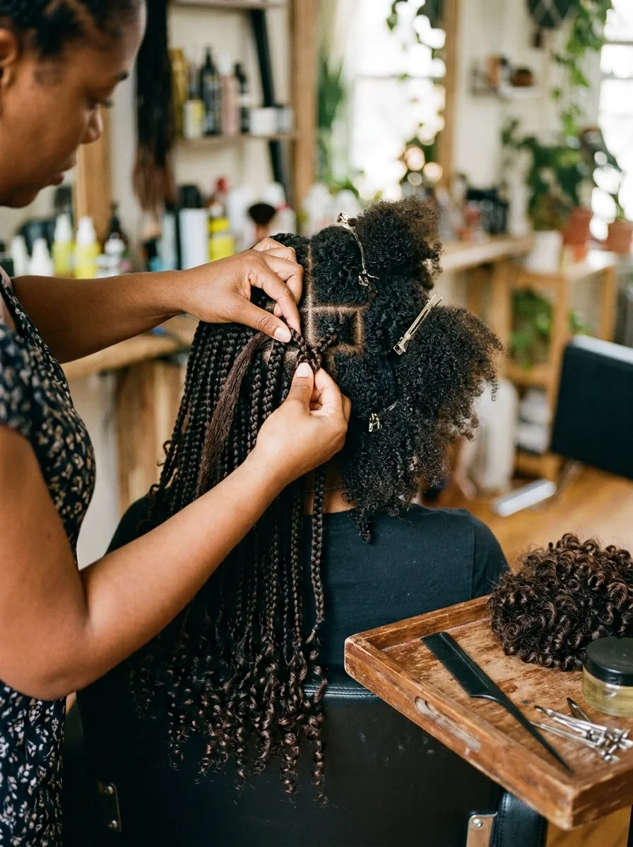 Braider working on a client's natural coily hair, half the head finished in box braids with curly ends and the other half sectioned with clips.