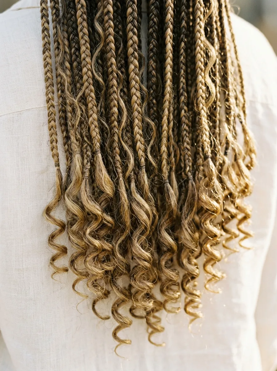 Close-up of boho box braid ends finishing in soft spiral curls, with loose curly strands in a honey-blonde and brown blend against a cream linen shirt.