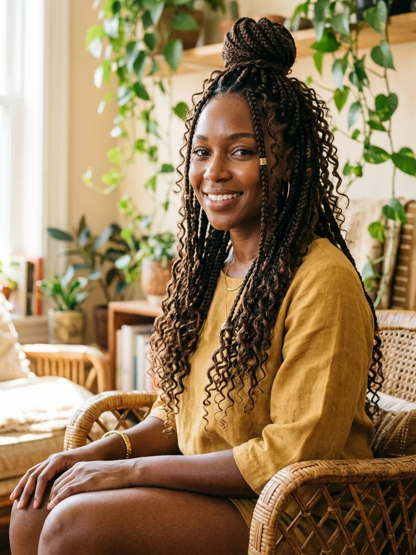 Smiling woman with medium boho box braids in a high half-up top knot, curly lengths falling past her shoulders, seated on a rattan chair among plants.