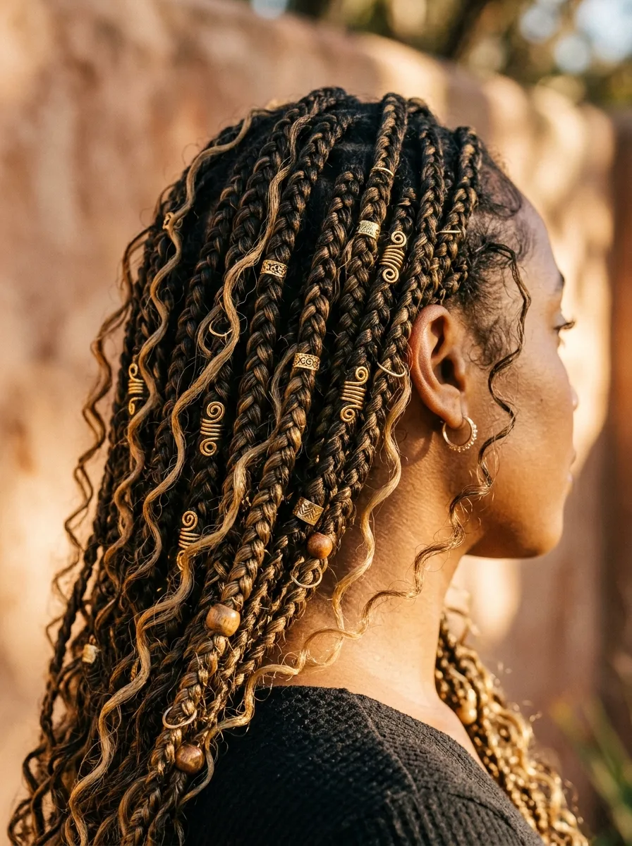 Side view of boho box braids threaded with gold spiral and filigree cuffs, wooden beads and small rings among honey-blonde curly strands.