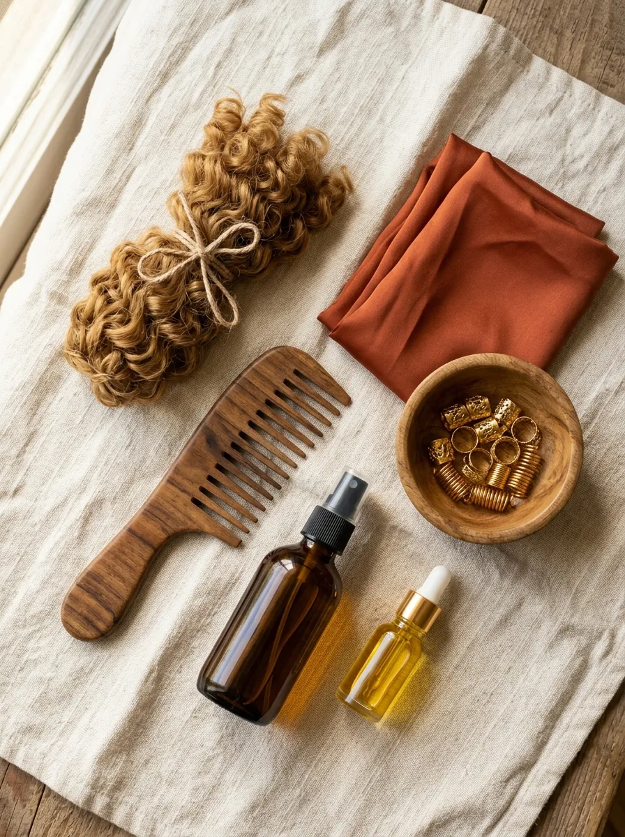 Flat-lay of a braid care kit on cream linen: unlabeled amber spray and oil bottles, a terracotta satin scarf, a wooden comb, gold cuffs and curly hair.