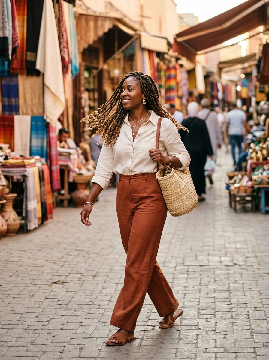 Smiling woman with boho box braids walking through a sunlit market in a cream linen shirt, rust wide-leg trousers and a straw bag.
