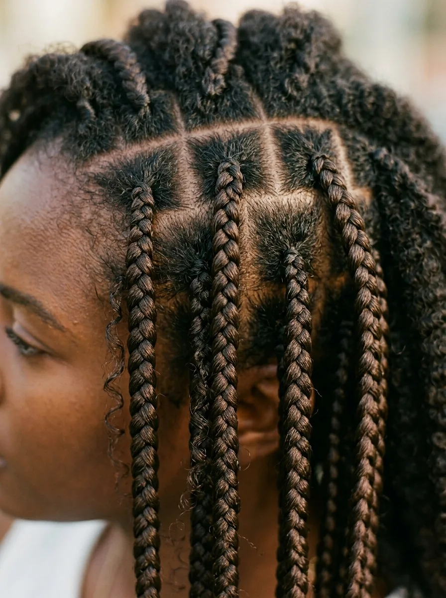 Close-up of dark brown box braids on natural coily hair, each braid starting from a small knot at the root in the center of its own crisp square part, with soft curls at the temple.