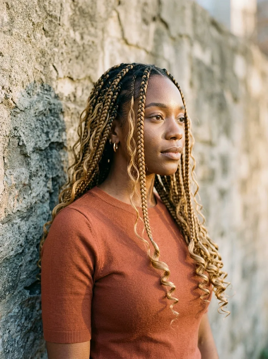 Woman with long boho box braids in a dark-root honey-blonde blend with curly strands and curly ends, leaning against a weathered stone wall.