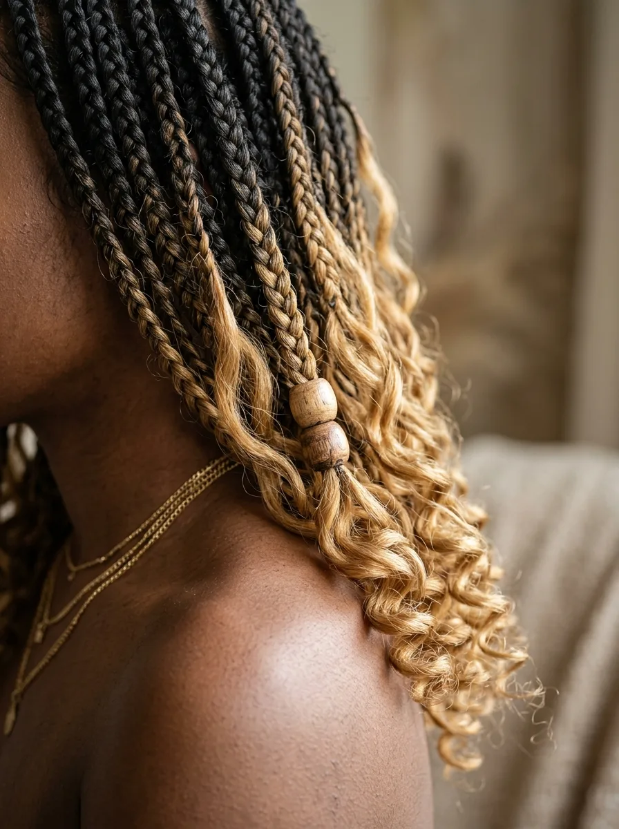 Macro close-up of a box braid ending in a large, loosely spiraled French curl finished with a wood bead.