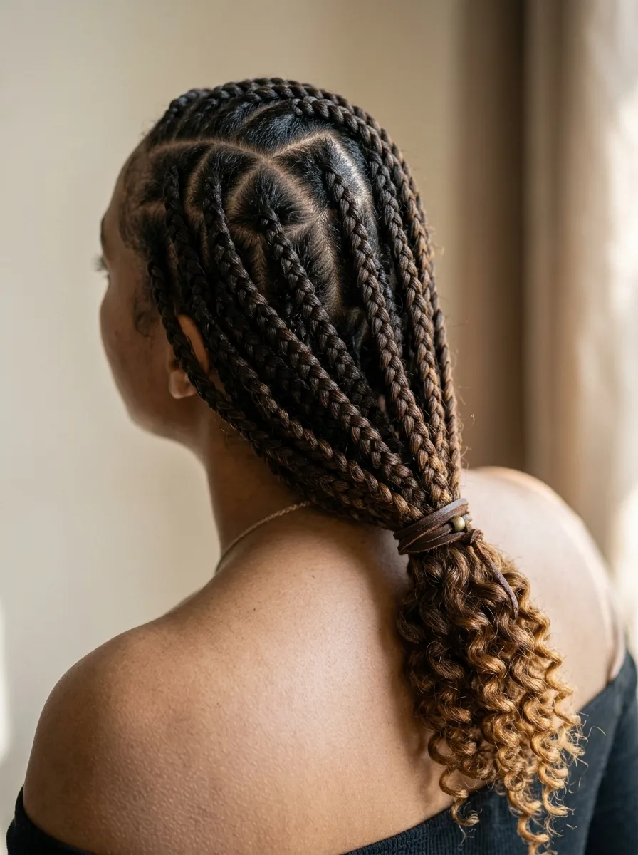 Back view of a full French curl braid install with a clean center part radiating into a cascade of loose spiral ends.