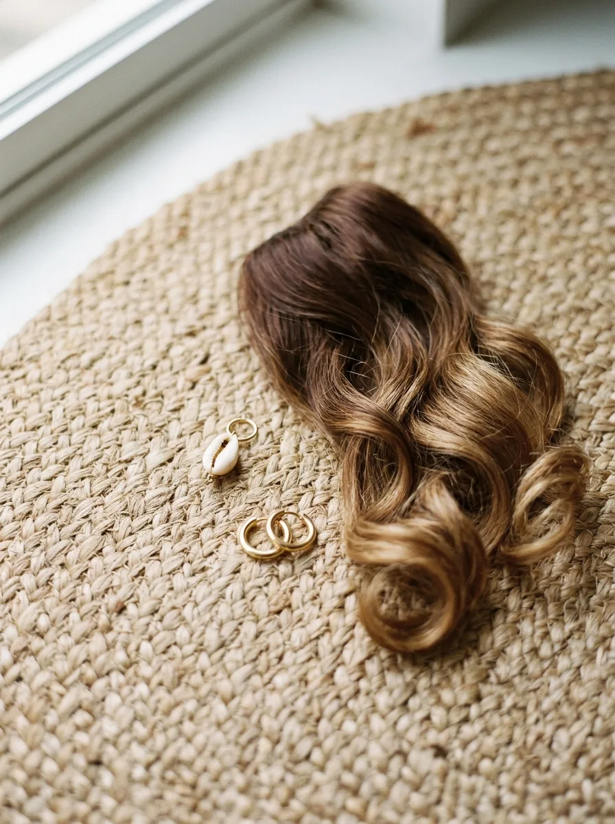 Flat-lay of a curly French curl hair extension coiled beside a small cowrie shell charm on a rose linen backdrop.