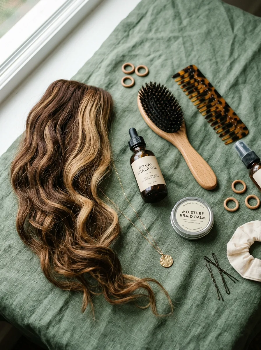 Overhead flat-lay of French curl braid care tools including a wide-barrel comb, boar-bristle brush, and scalp oil.
