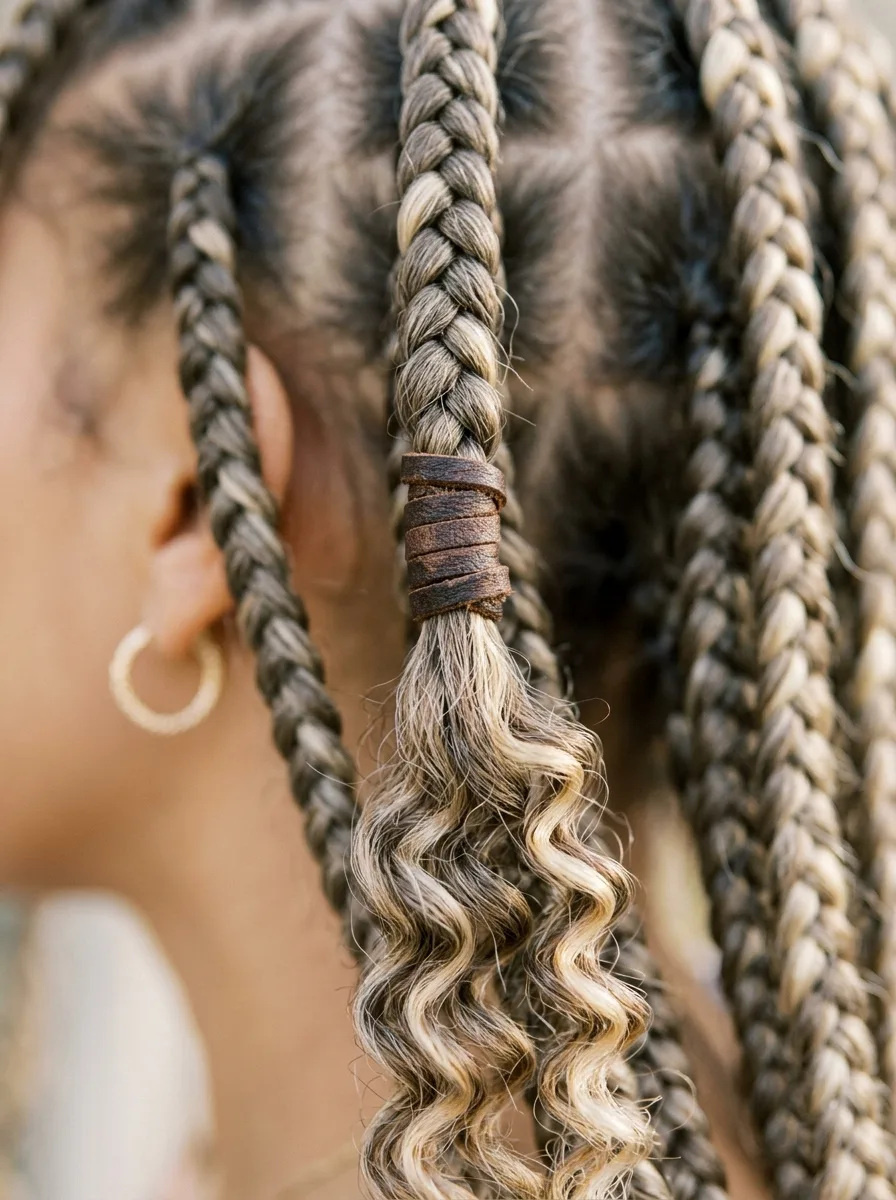Close-up of a box braid where the smooth section meets a loose French curl, hairline visible and tension-free.