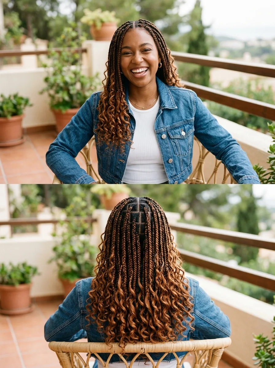 Two-panel portrait of a woman with waist-length French curl braids, front smile and vertical stack close-up.