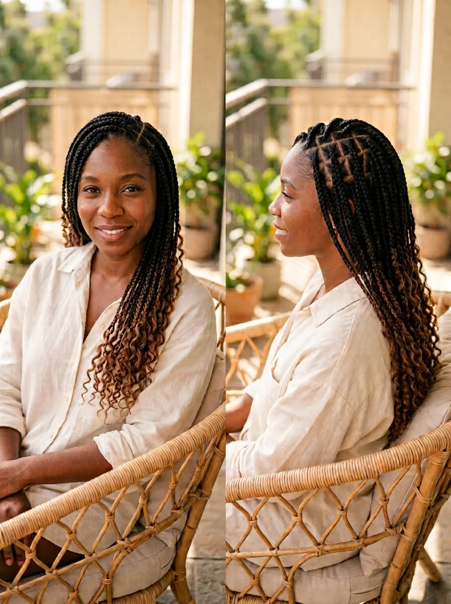 Comparison view of French curl braids styled two ways — full and loose versus gathered to one side.