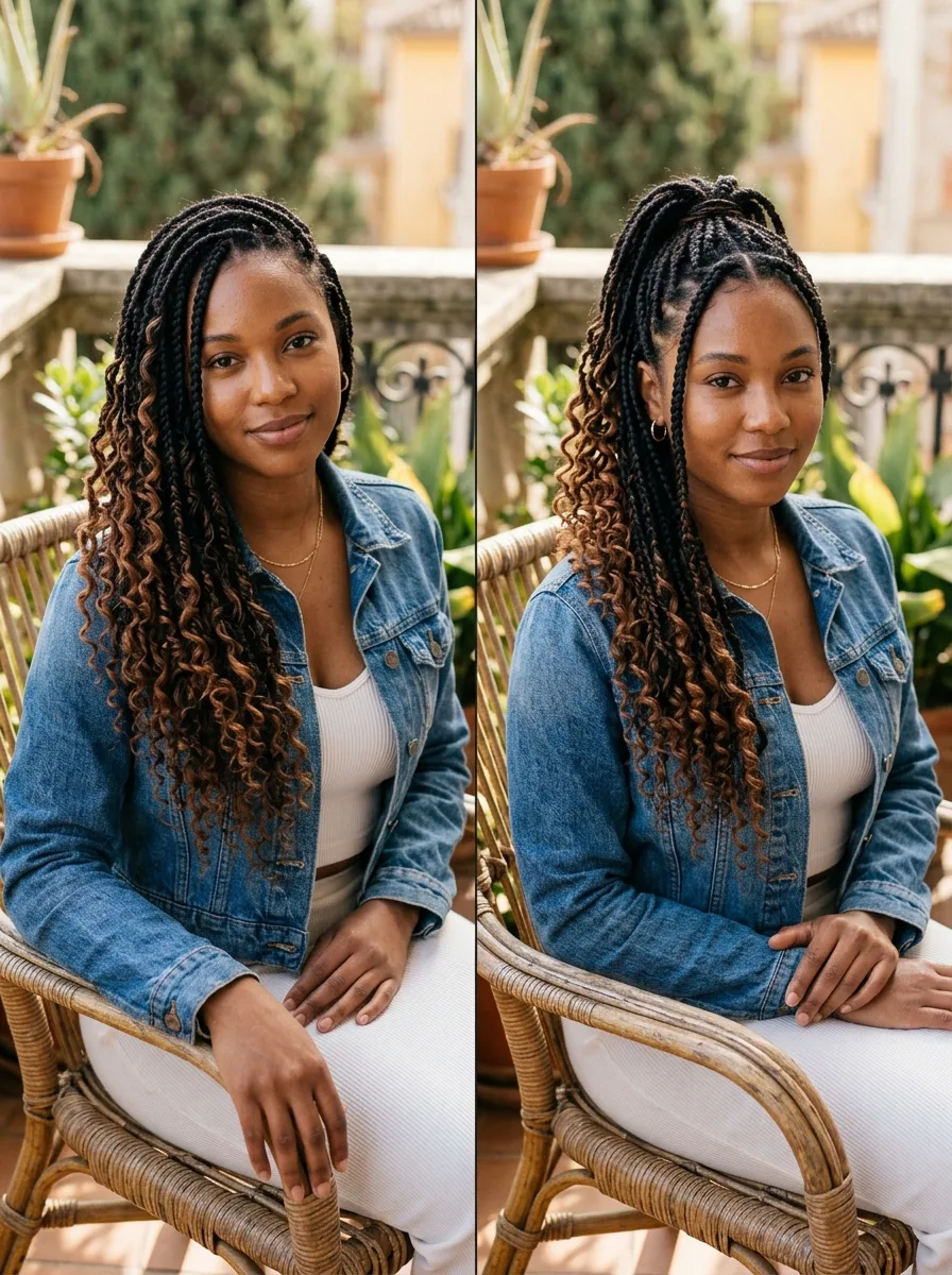 Two-panel comparison of a tighter goddess-curl braid style next to a looser French curl braid style.