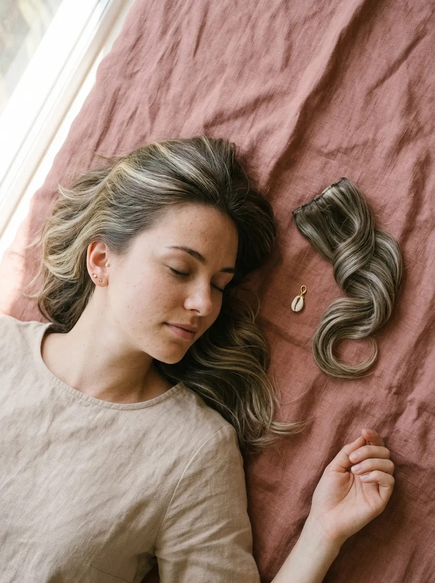 Flat-lay of a second curly hair extension bundle with a small shell charm, styled for French curl braid installs.