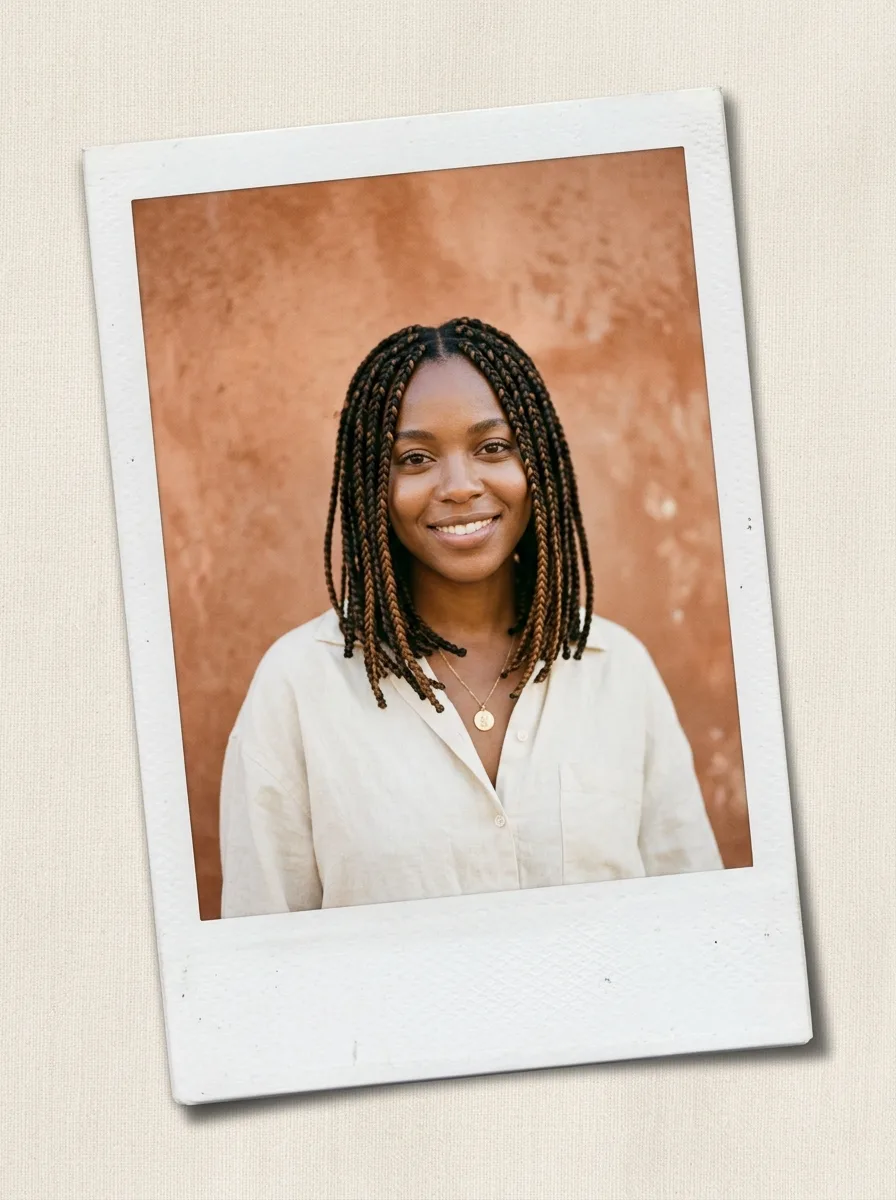 Woman wearing shoulder-length French curl braids with a relaxed linen shirt in natural daylight.