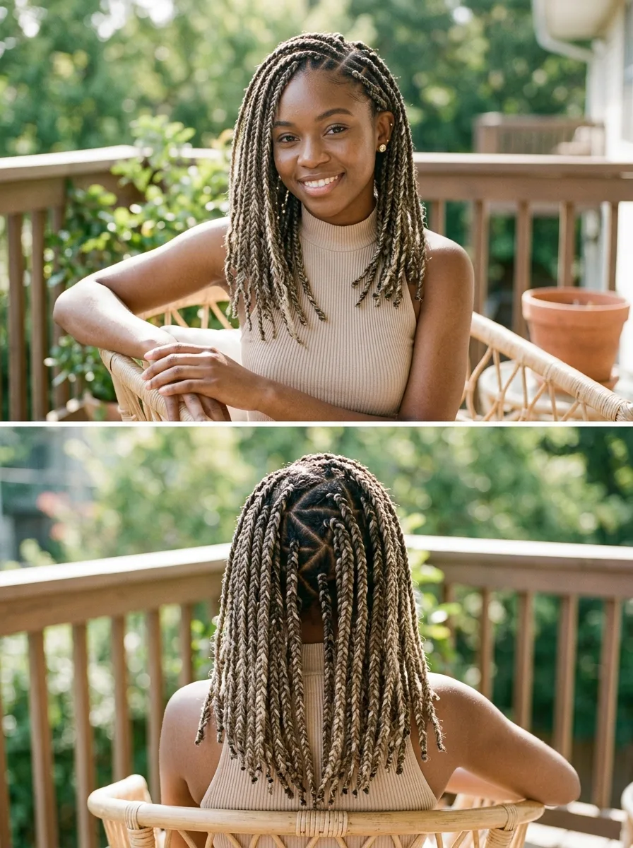 Full-length portrait of a woman with box braids ending in French curls, seated on a sunlit balcony among potted plants.